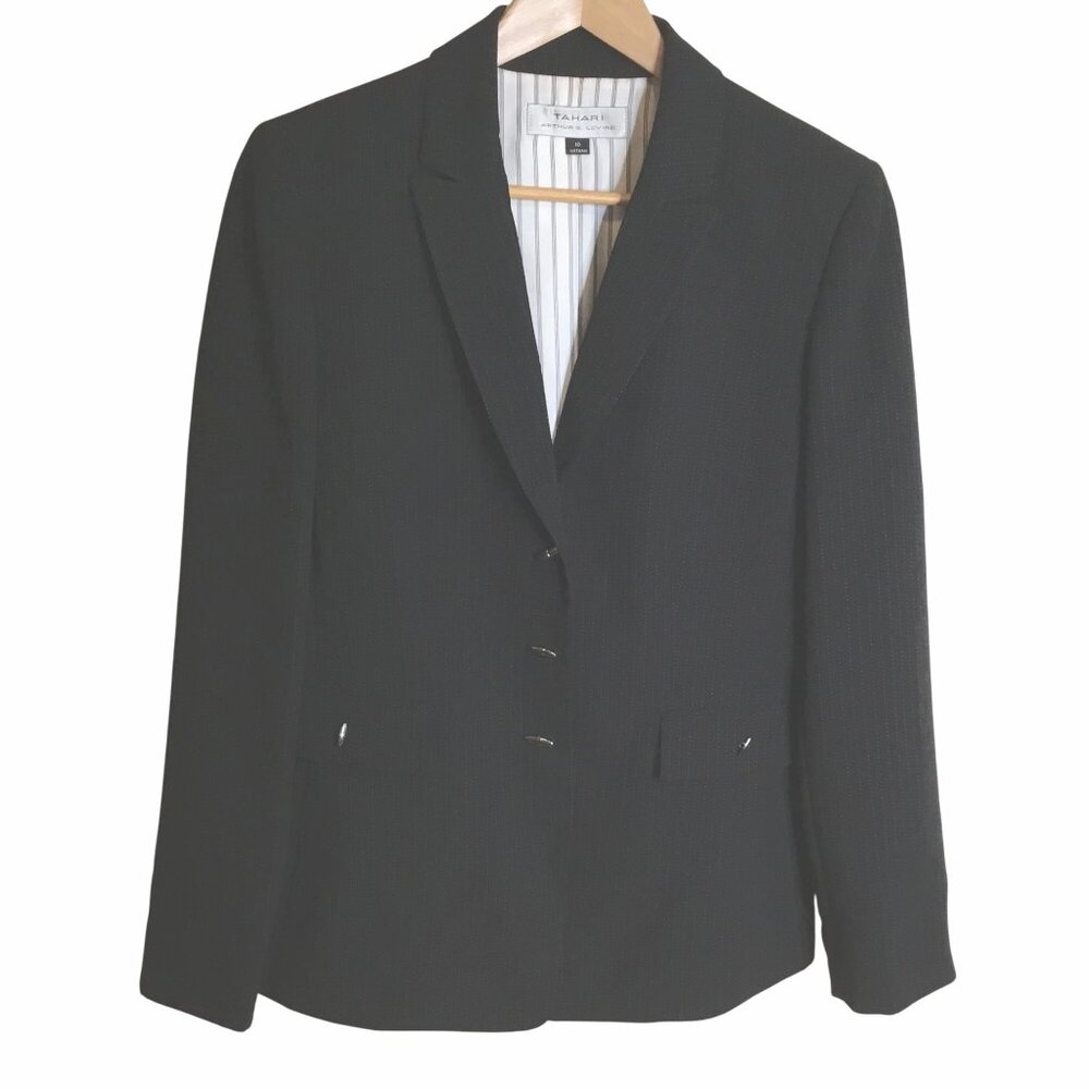 TAHARI Arthur S Levine Black Pinstripe Blazer Jacket Women Size 10 Career